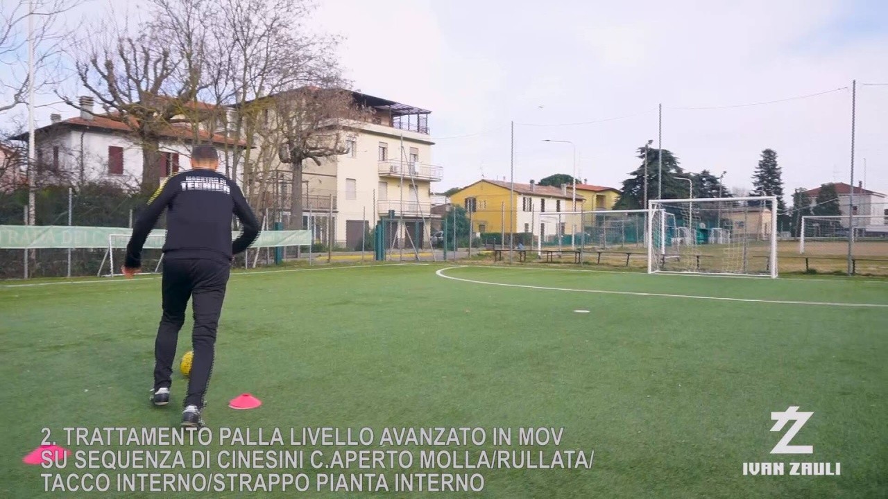 BALL MASTERY: Two exercises: spring, roll, inside heel, inside sole tear, first on the spot, then on a sequence of cones, with shot on goal